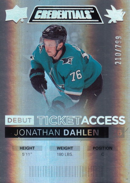 insert RC karta JONATHAN DAHLEN 21-22 Credentials Debut Ticket Access /799